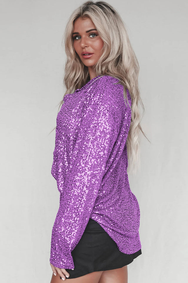 Sequin Collared V-Neck Long Sleeve Oversized Button Front Shirt 12