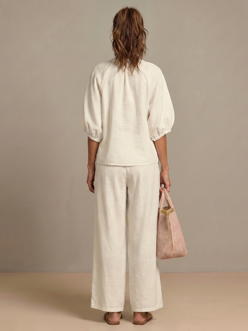 Puff Sleeve Zip Front Top and Wide Leg Pants Two Piece Set