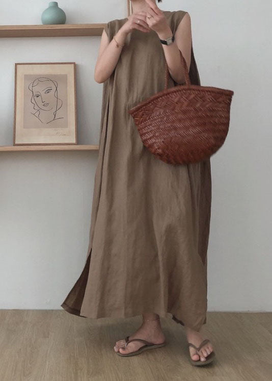 Round Neck Sleeveless Side Slit Oversized Linen Blend Maxi Dress