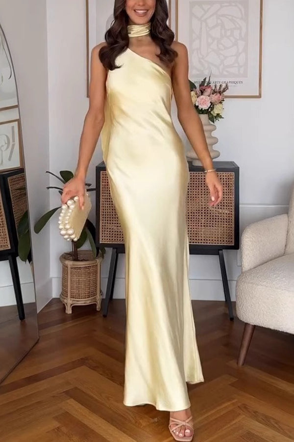 Satin One Shoulder Bias Cut Slip Maxi Dress