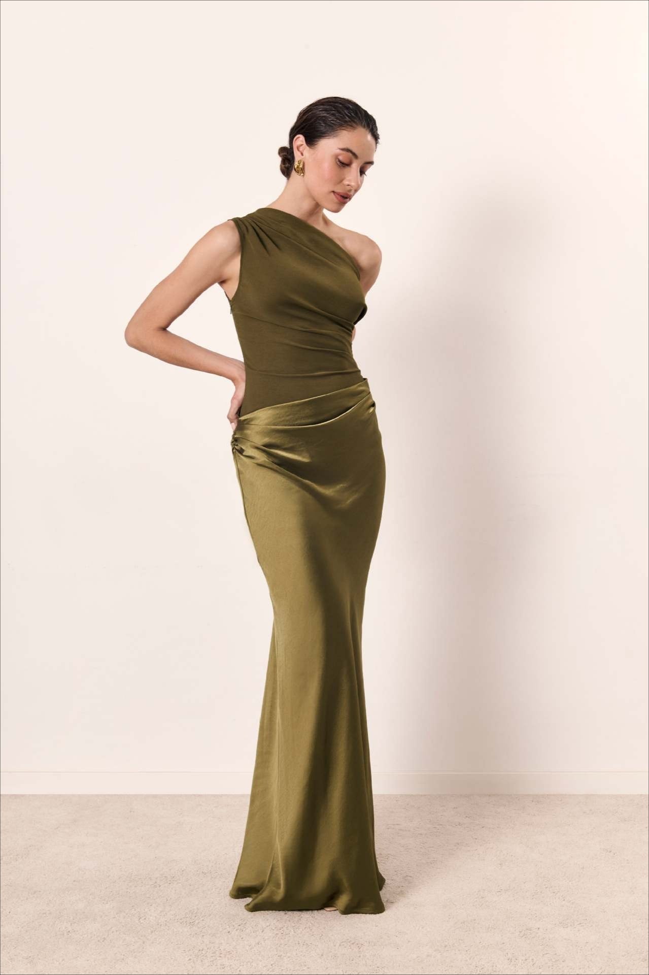 Satin One Shoulder Ruched Bodycon Maxi Dress
