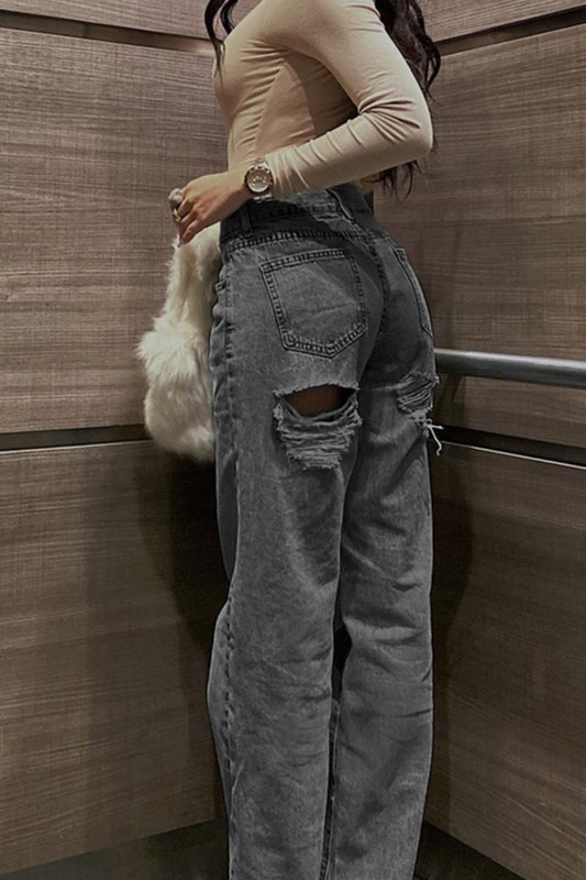 High-Waist Distressed Straight-Leg Denim Jeans