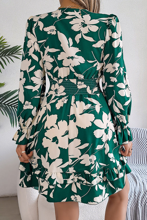 Floral Print V-Neck Tie Front Long Sleeve Ruffle Hem Mini Dress