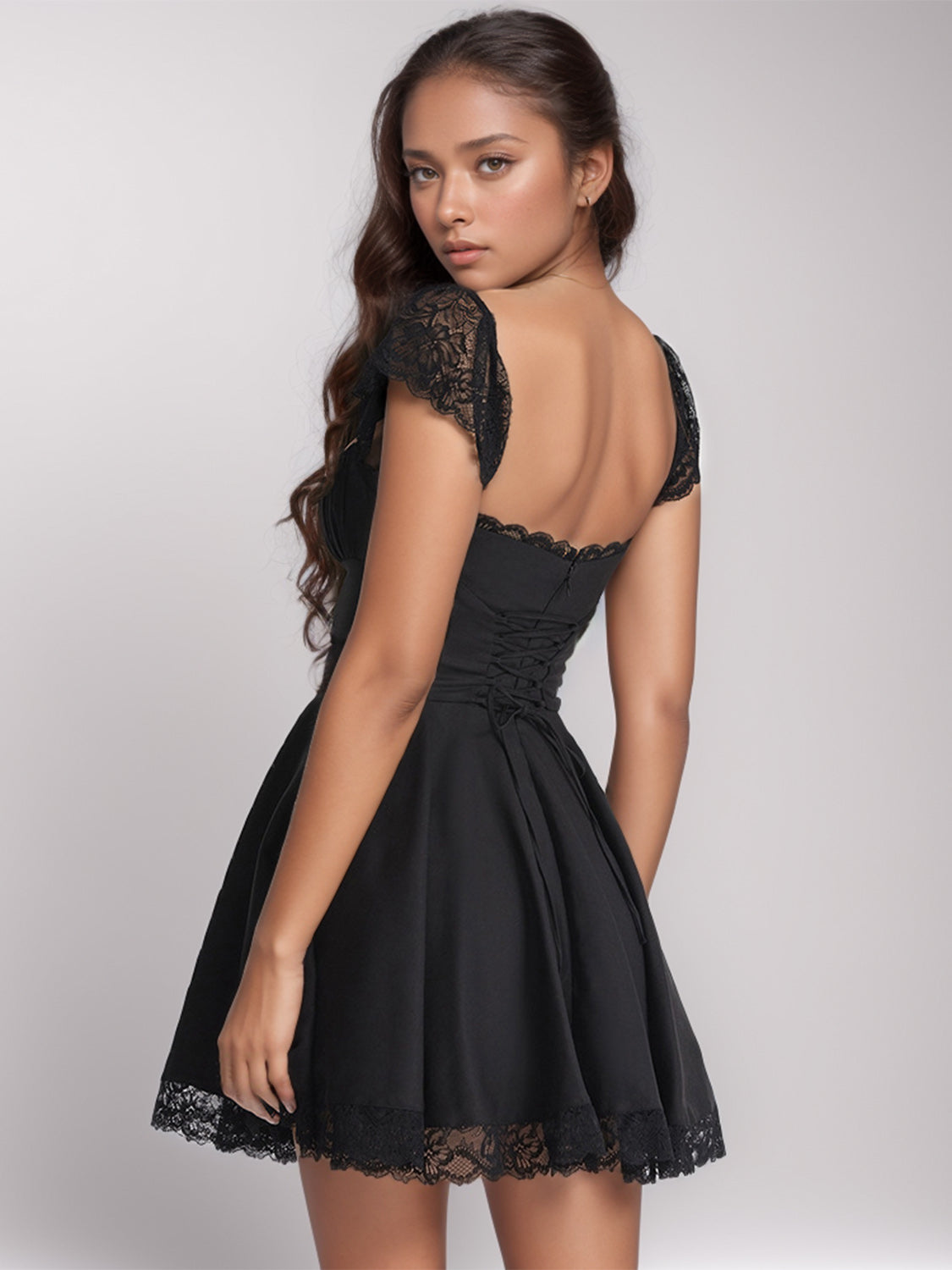 Lace Trim Square Neck Flutter Cap Sleeve Fit and Flare Mini Dress 7