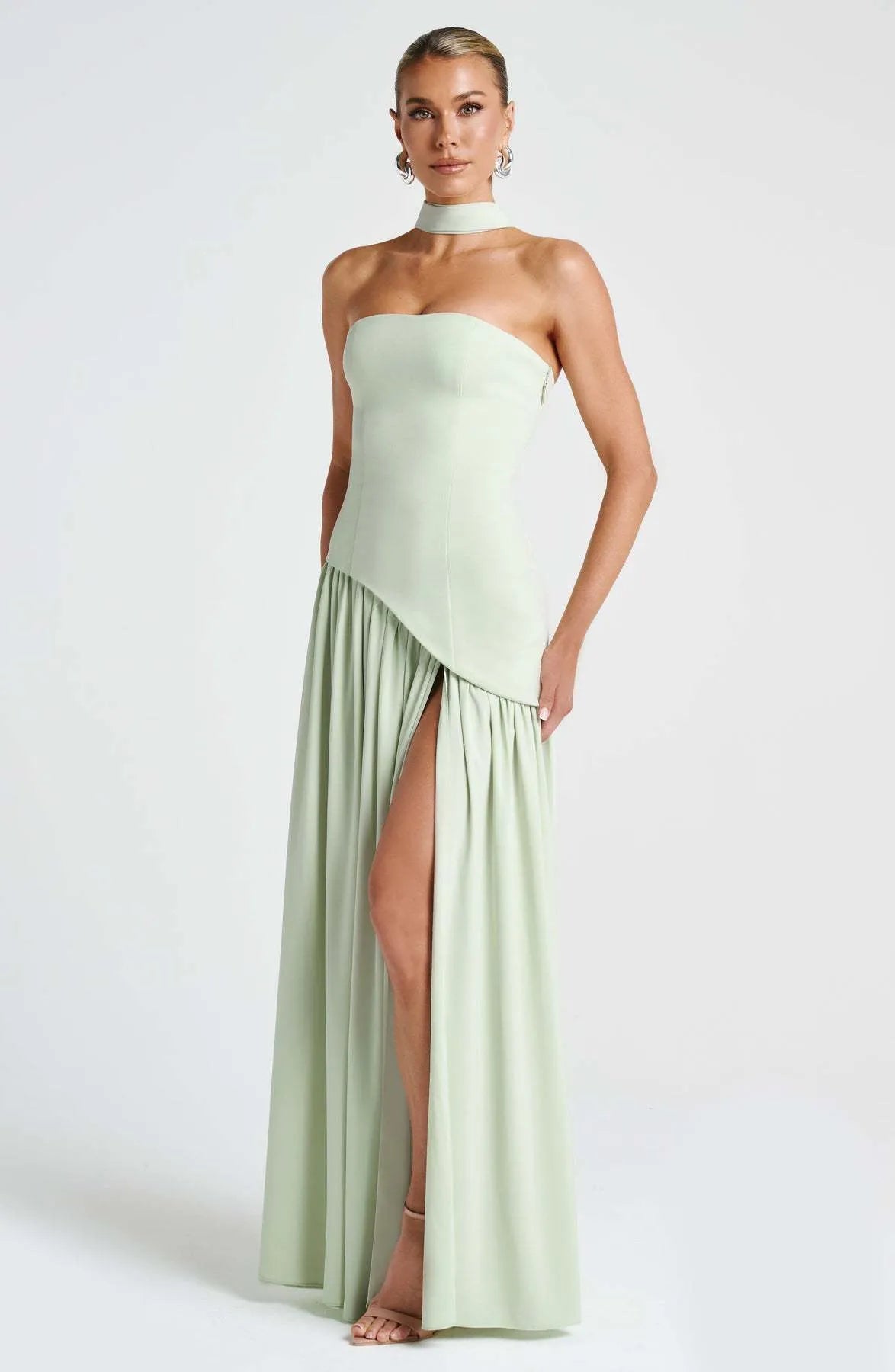 Strapless Asymmetric Drop Waist High Split Maxi Dress with Scarf 34