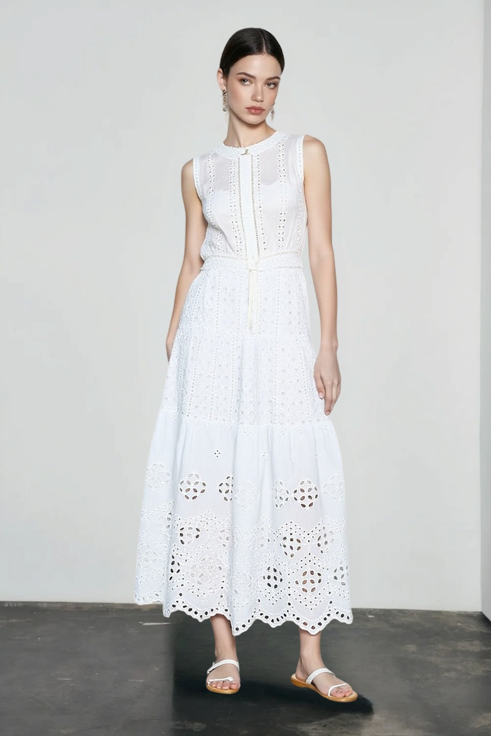 Eyelet Embroidered Spaghetti Strap Tie Waist Tiered Maxi Dress 2