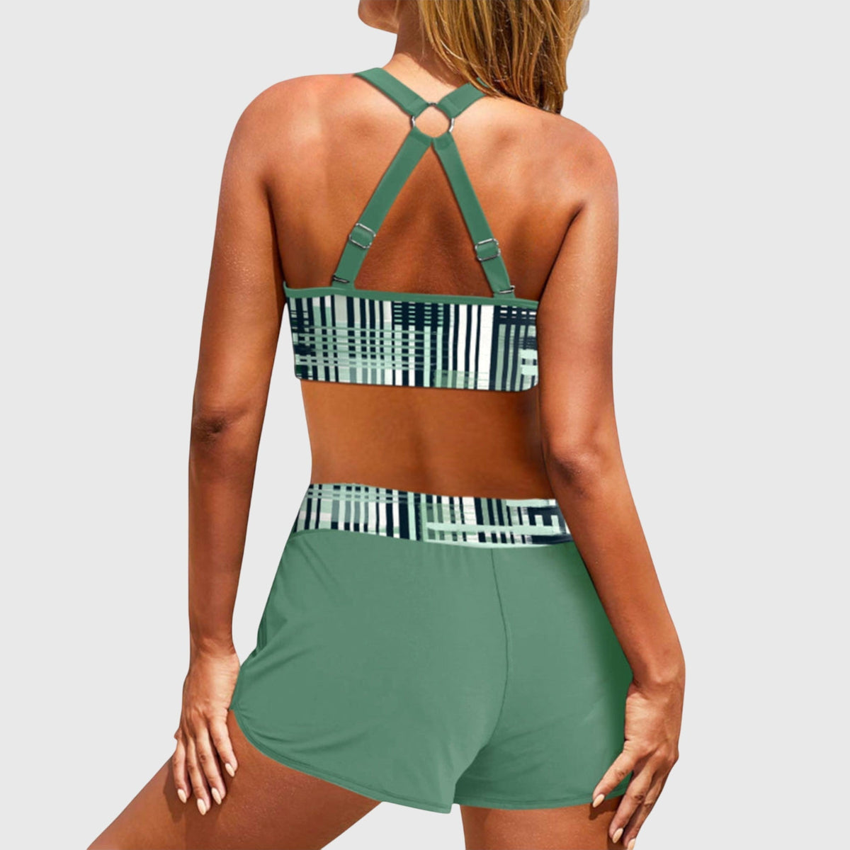 Ring Front Striped Bikini Top and Swim Shorts Set