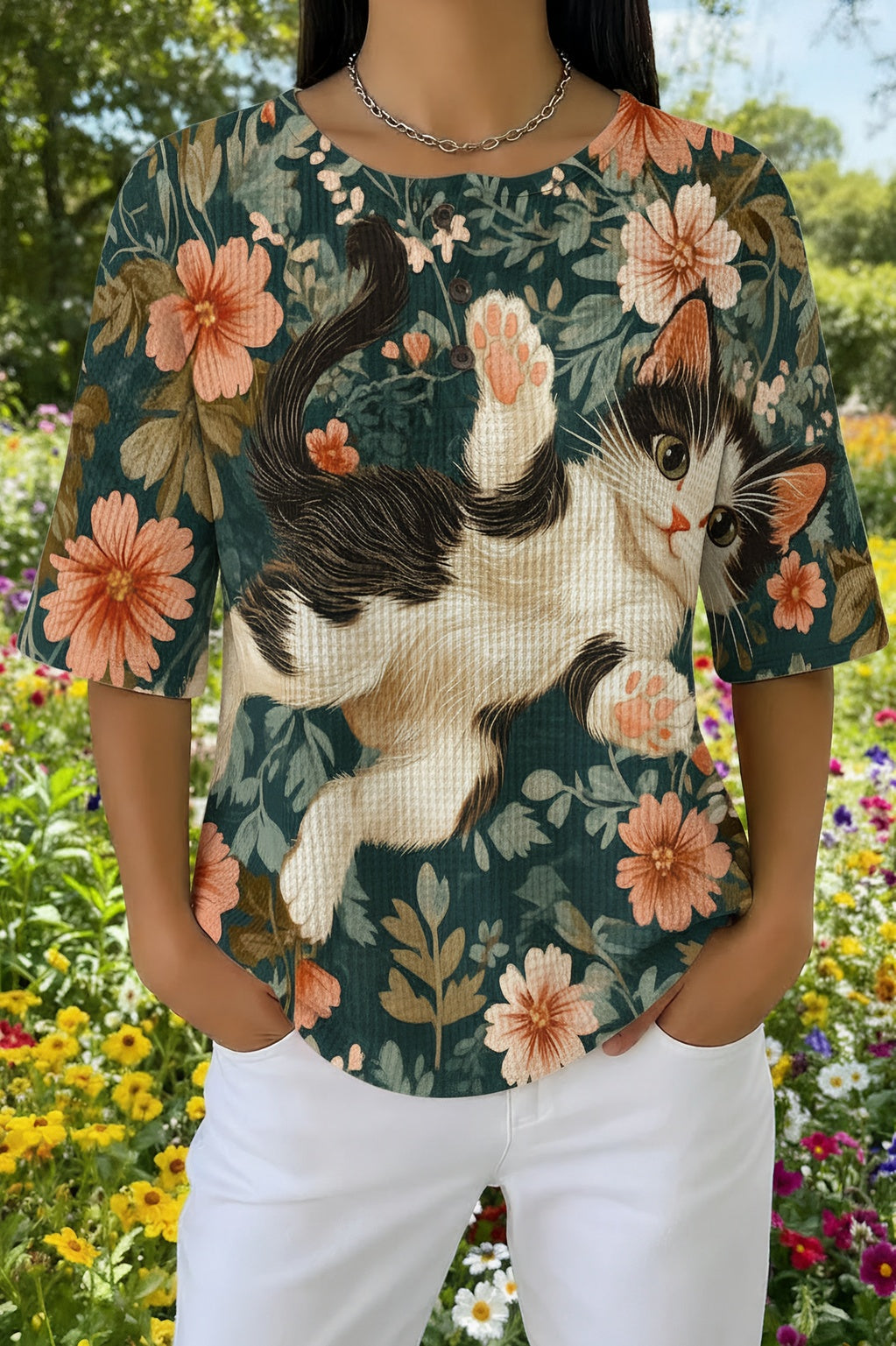 Womens Green Tropical Leaf Cat Print Casual Shirt
