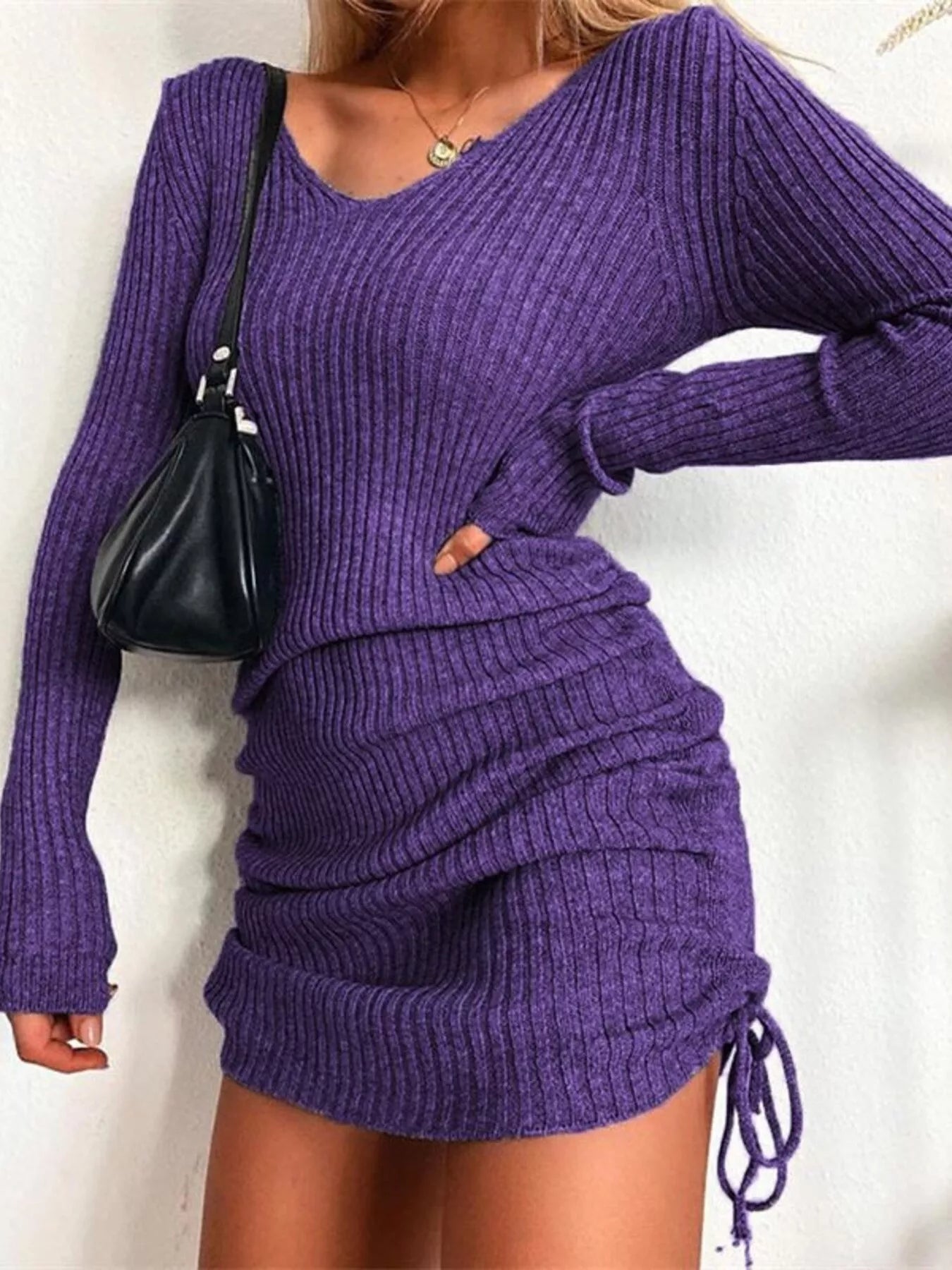 Full Size Ribbed Knit Drawstring Bodycon Sweater Dress Plus Size Purple