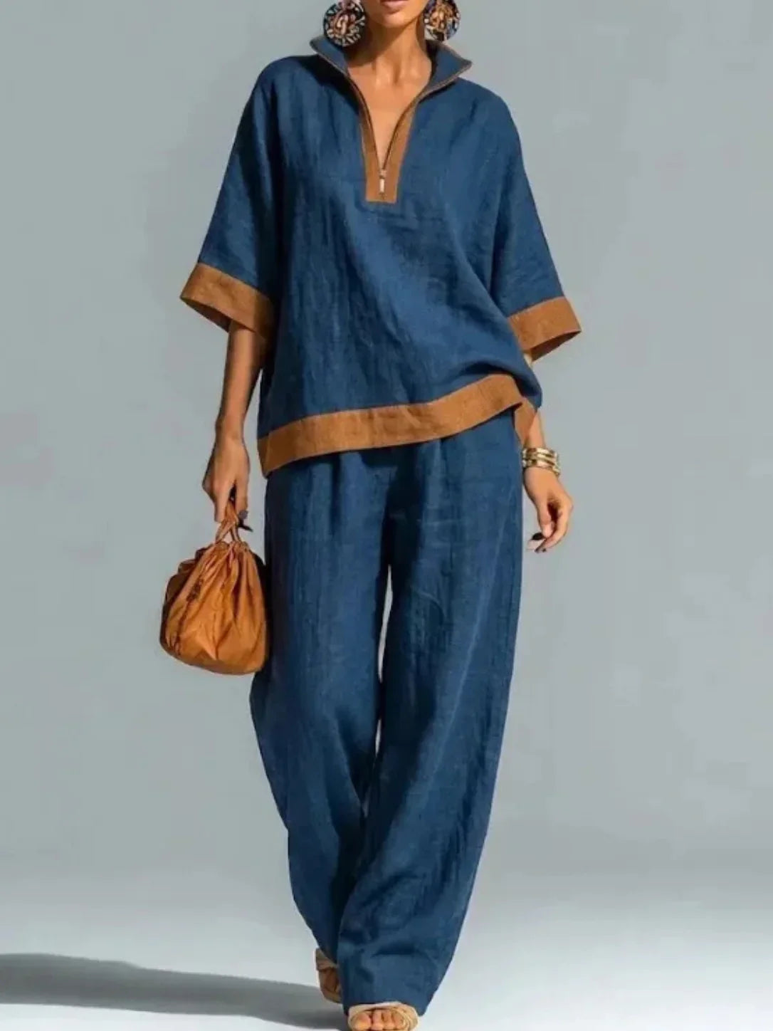 Quarter Zip Collared Contrast Trim Top and Wide Leg Pants Two Piece Set