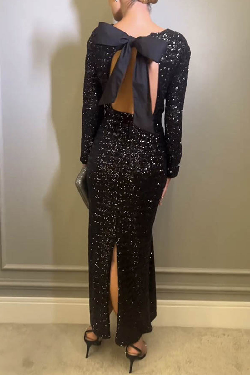 Sequin Round Neck Long Sleeve Ruched Bodycon Maxi Dress
