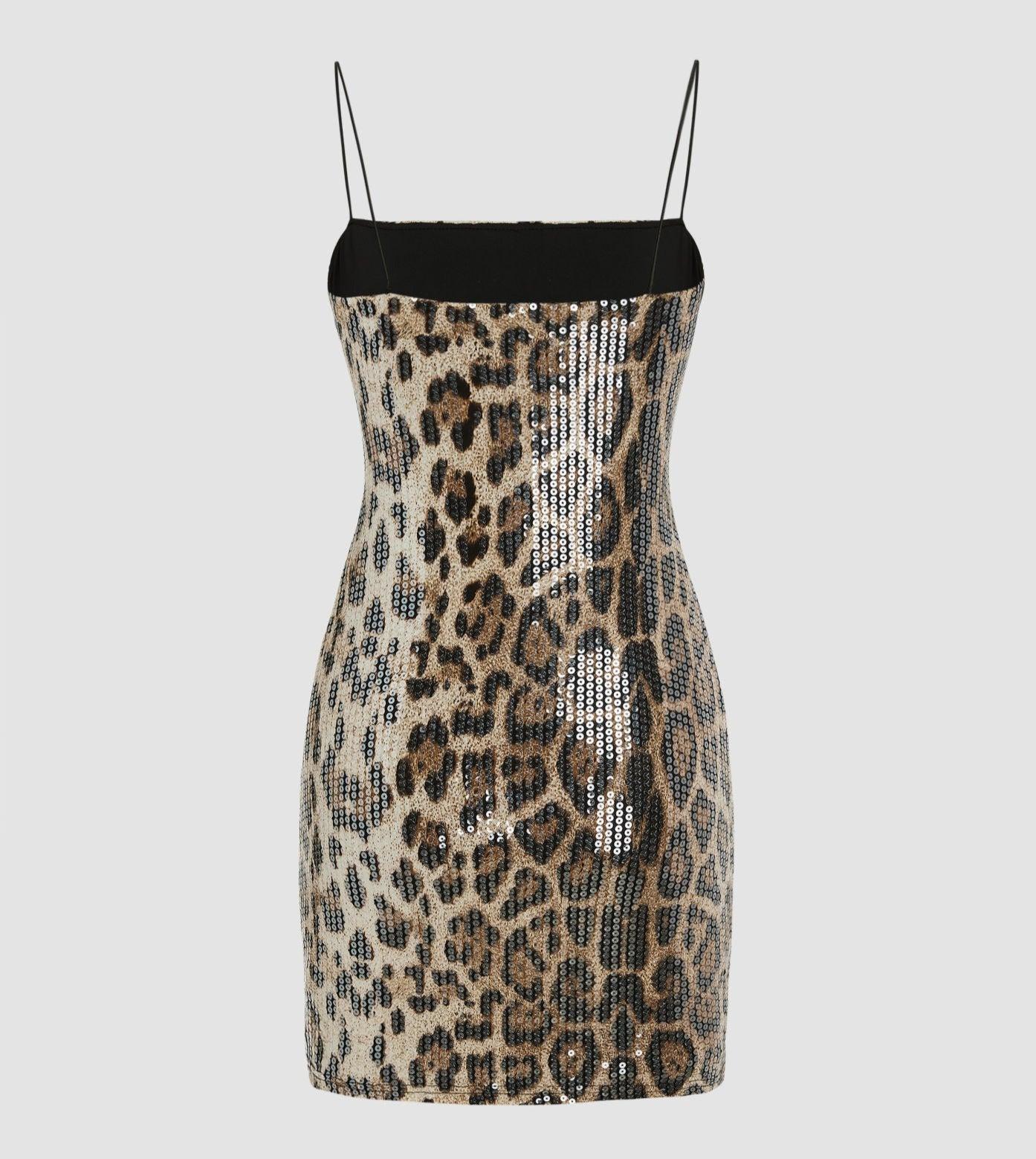 Sequin Leopard Print Square Neck Spaghetti Strap Bodycon Mini Dress