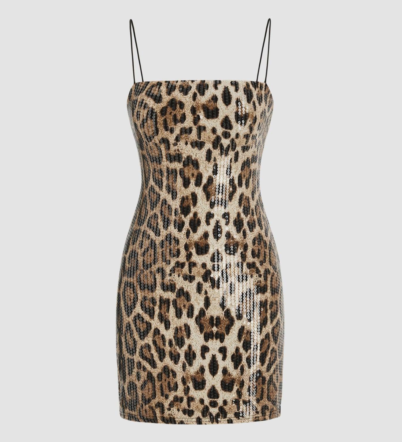 Sequin Leopard Print Square Neck Spaghetti Strap Bodycon Mini Dress