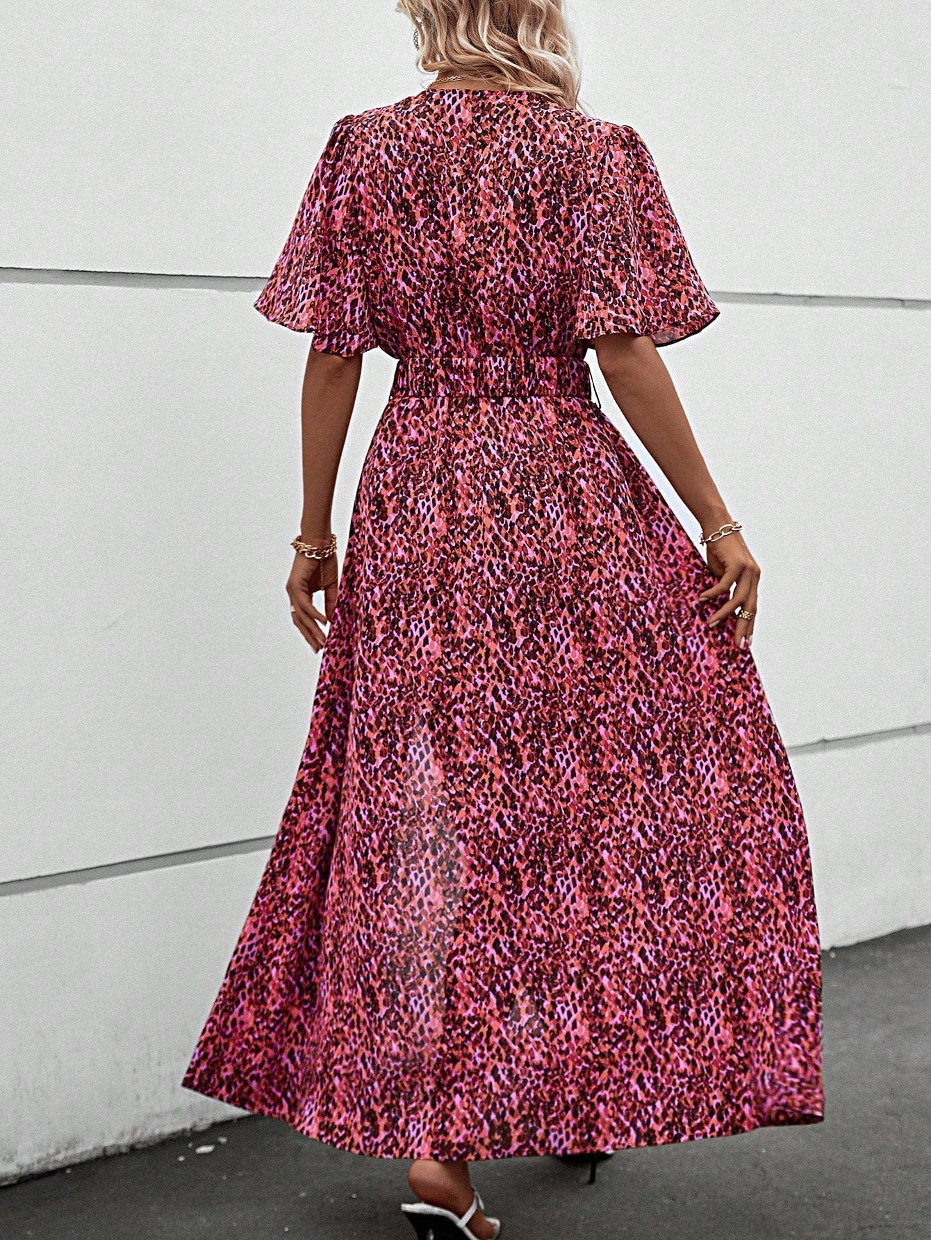 Leopard Print Wrap Flutter Sleeve Belted High Split Maxi Dress
