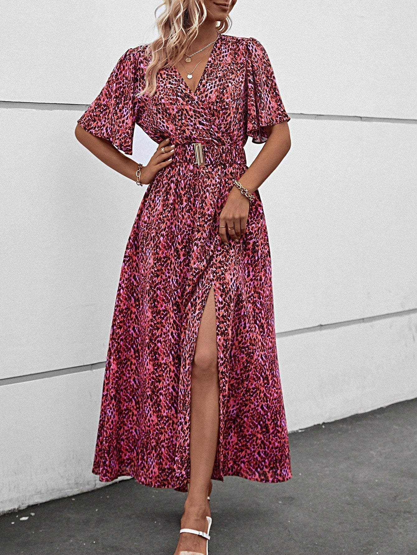 Leopard Print Wrap Flutter Sleeve Belted High Split Maxi Dress
