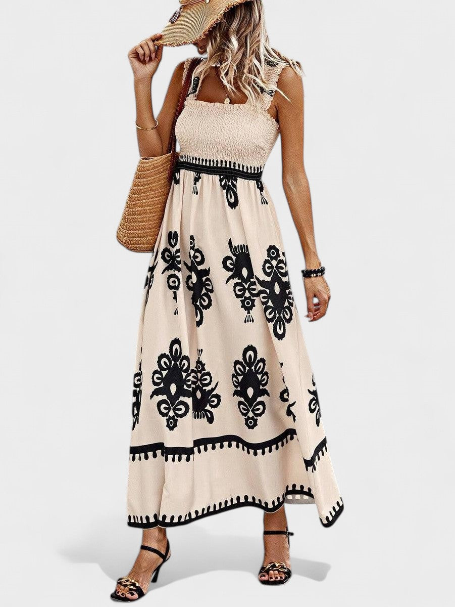 Floral Print Smocked Square Neck Sleeveless High Split Maxi Dress