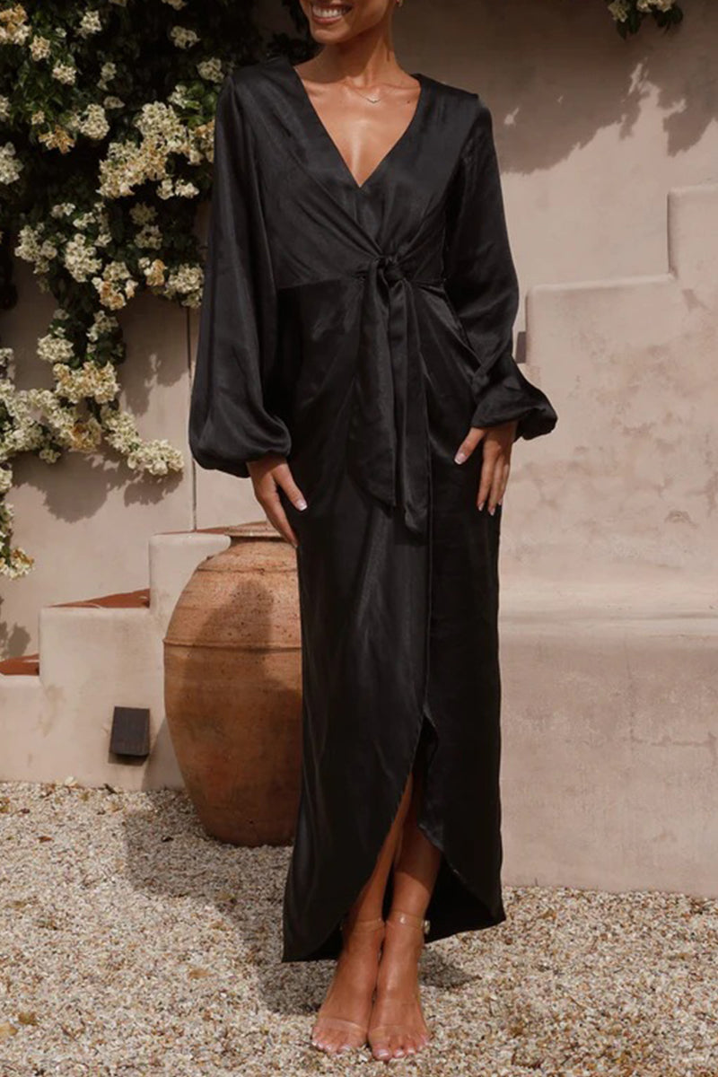 Satin Wrap Deep V-Neck Balloon Sleeve Tie Waist High Split Maxi Dress