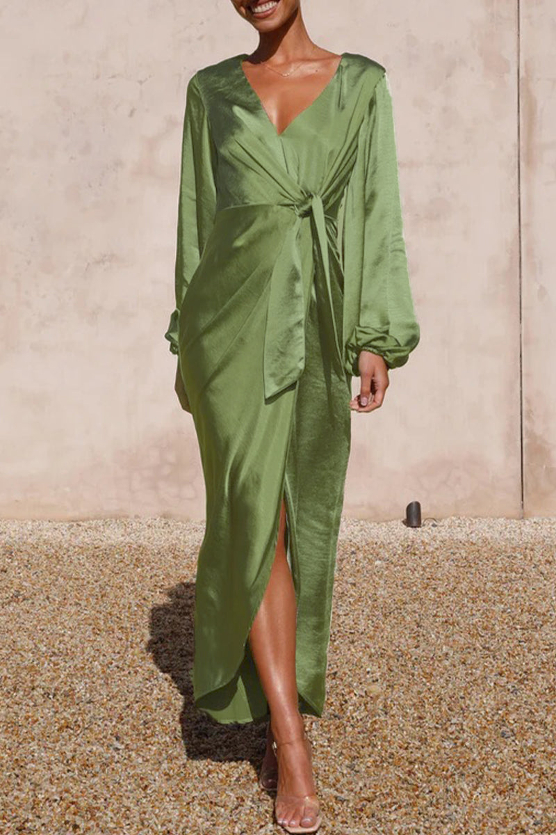 Satin Wrap Deep V-Neck Balloon Sleeve Tie Waist High Split Maxi Dress