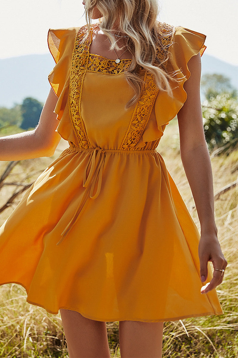 Lace Trim Square Neck Ruffle Cap Sleeve Drawstring Waist A-Line Mini Summer Dress