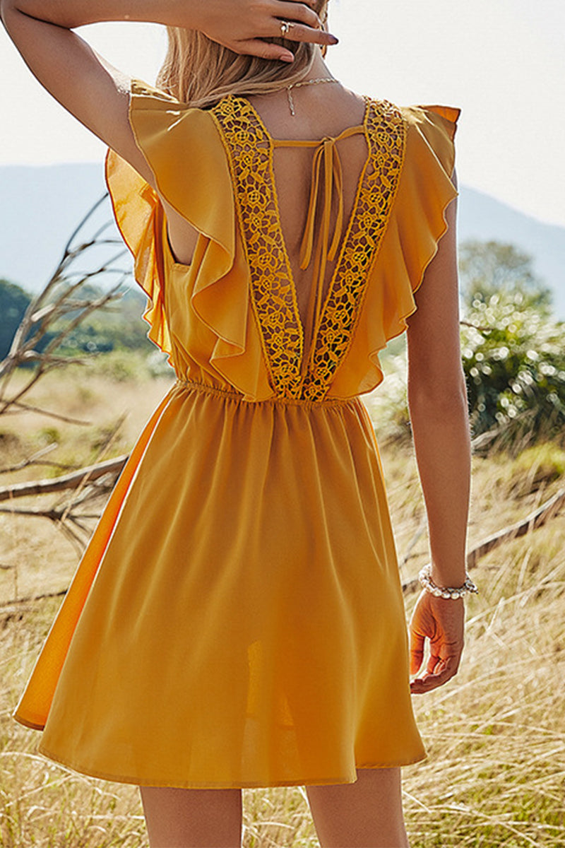Lace Trim Square Neck Ruffle Cap Sleeve Drawstring Waist A-Line Mini Summer Dress