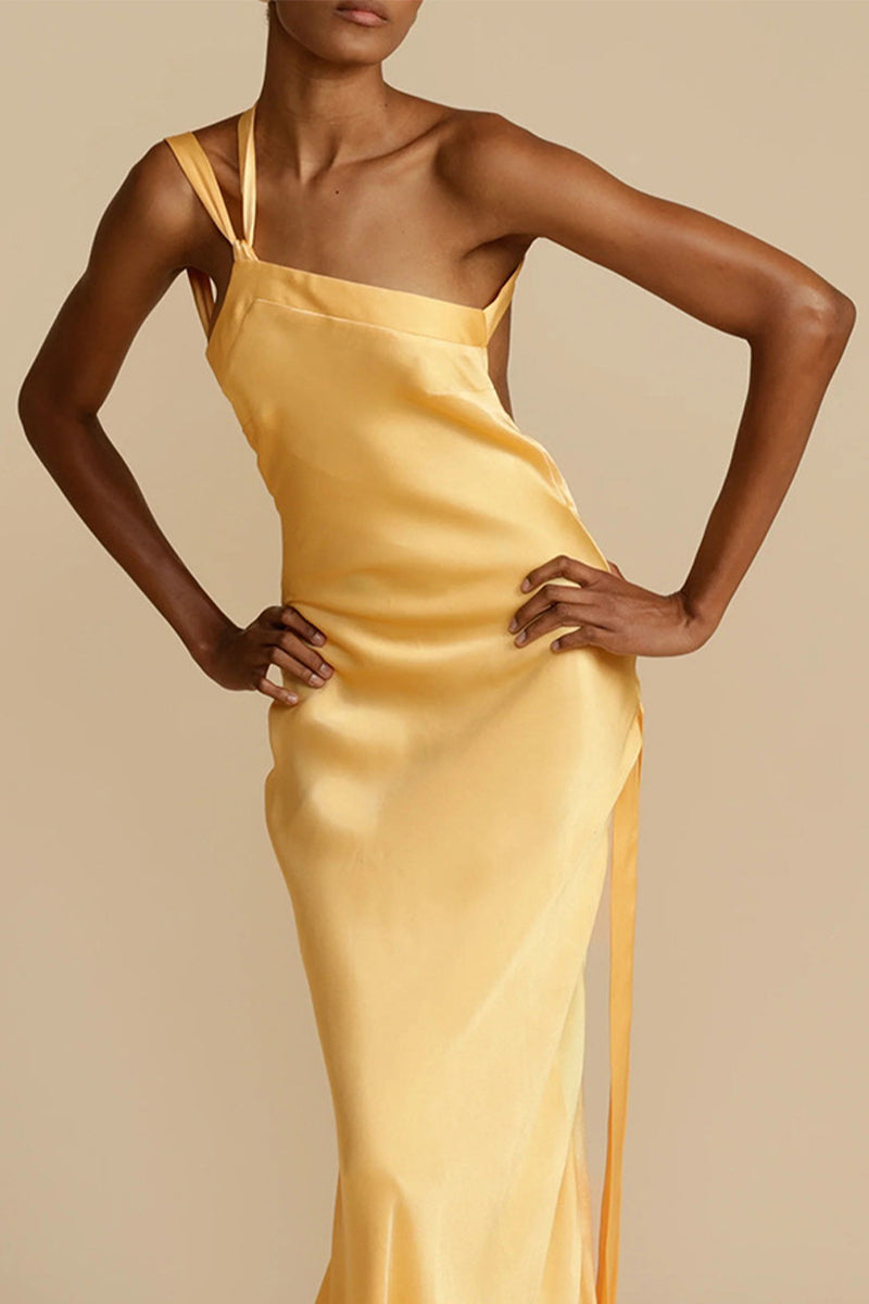 Satin One Shoulder Backless Bias Cut Maxi Dress