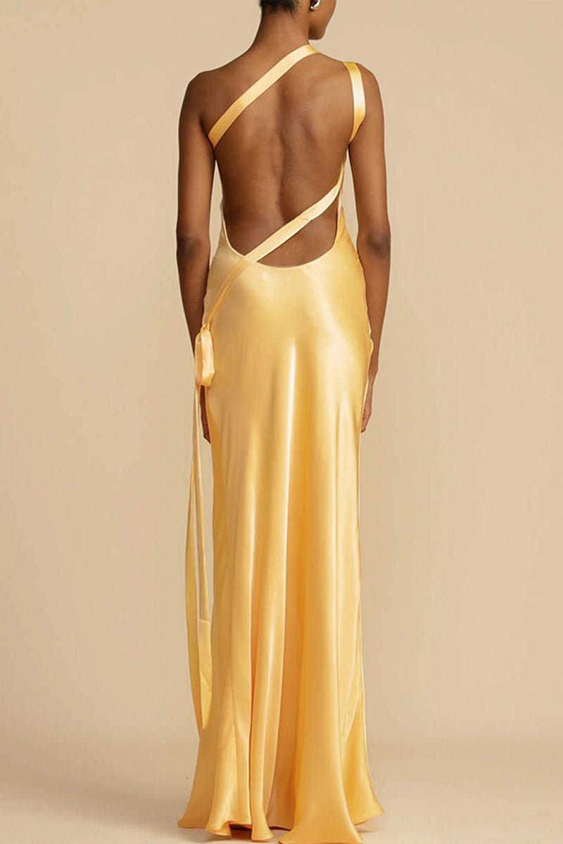 Satin One Shoulder Backless Bias Cut Maxi Dress
