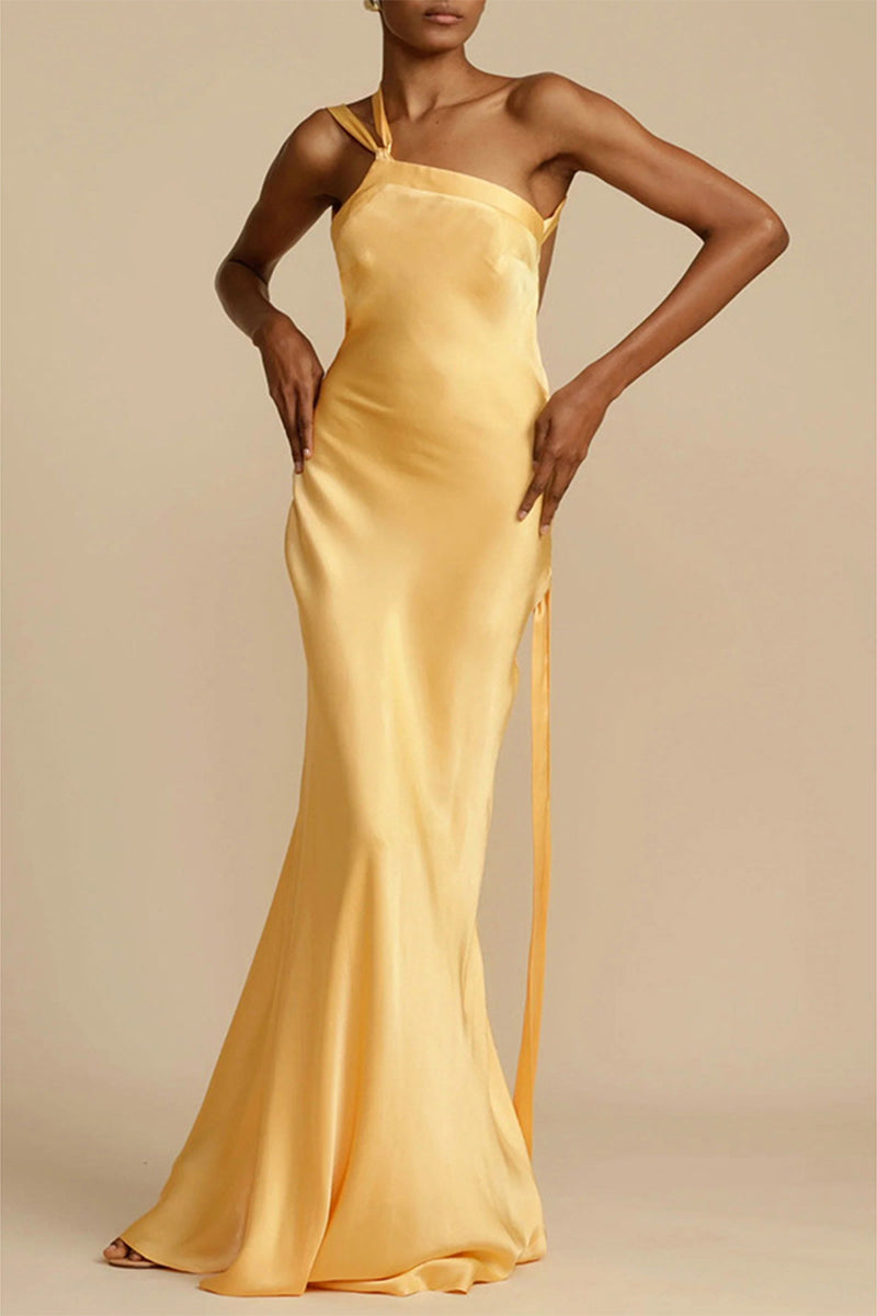 Satin One Shoulder Backless Bias Cut Maxi Dress