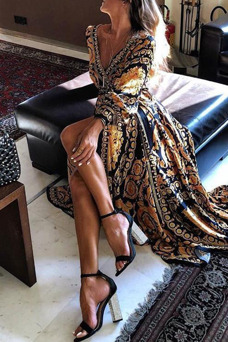 Paz Aesthetic Vintage Style Printed Dresses with Frenulum and V Neck Boutique Collection