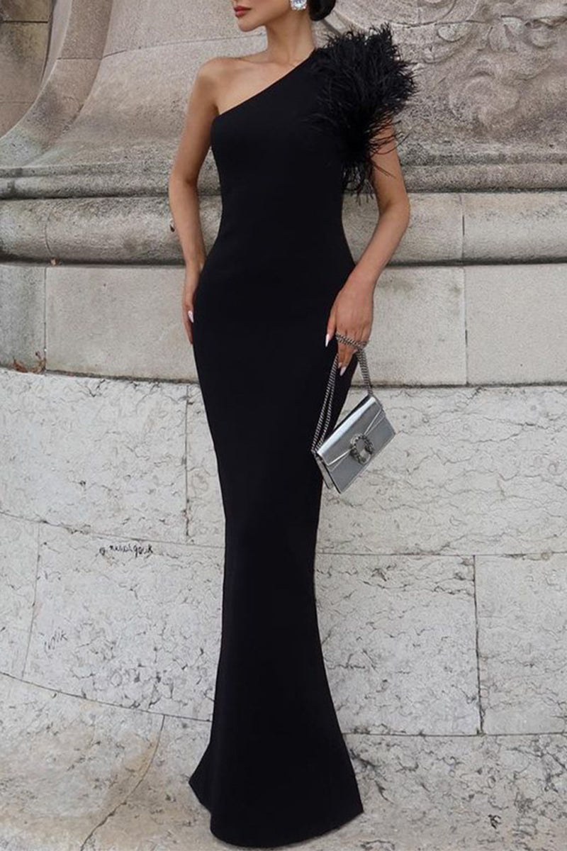 One Shoulder Feather Trim High Split Column Gown