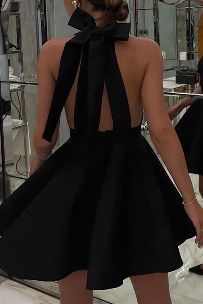 Halter Neck Backless Bow Fit and Flare Mini Dress