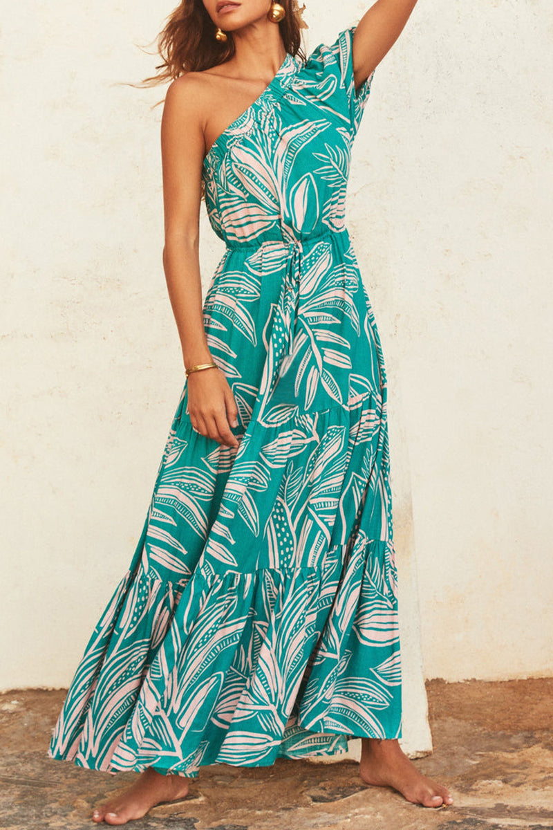 Floral One Shoulder Tiered Ruffle Maxi Summer Dress