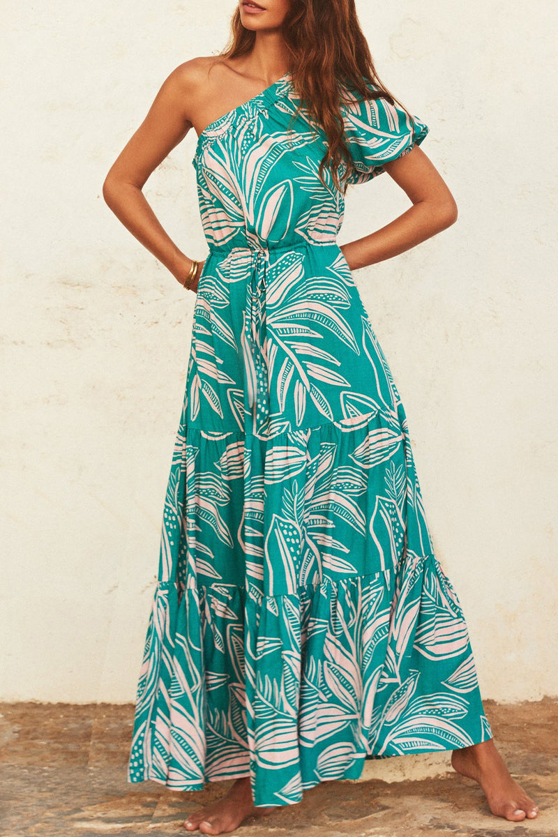 Floral One Shoulder Tiered Ruffle Maxi Summer Dress