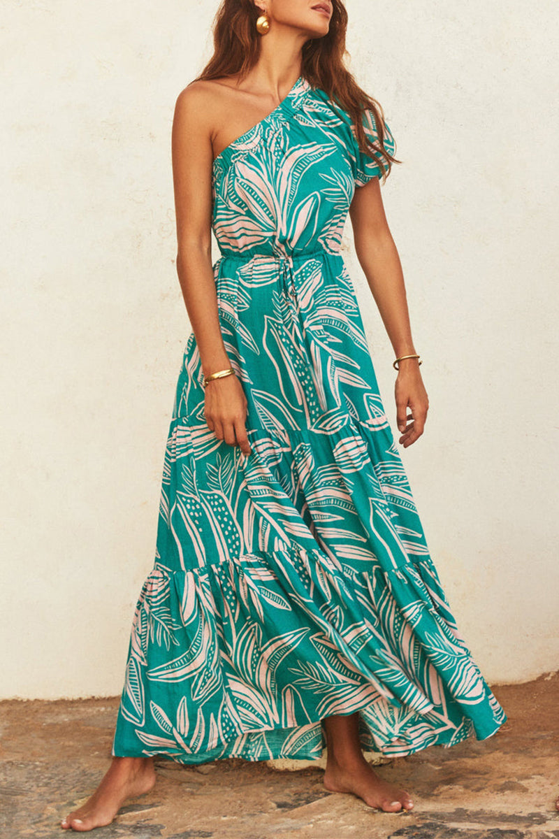 Floral One Shoulder Tiered Ruffle Maxi Summer Dress