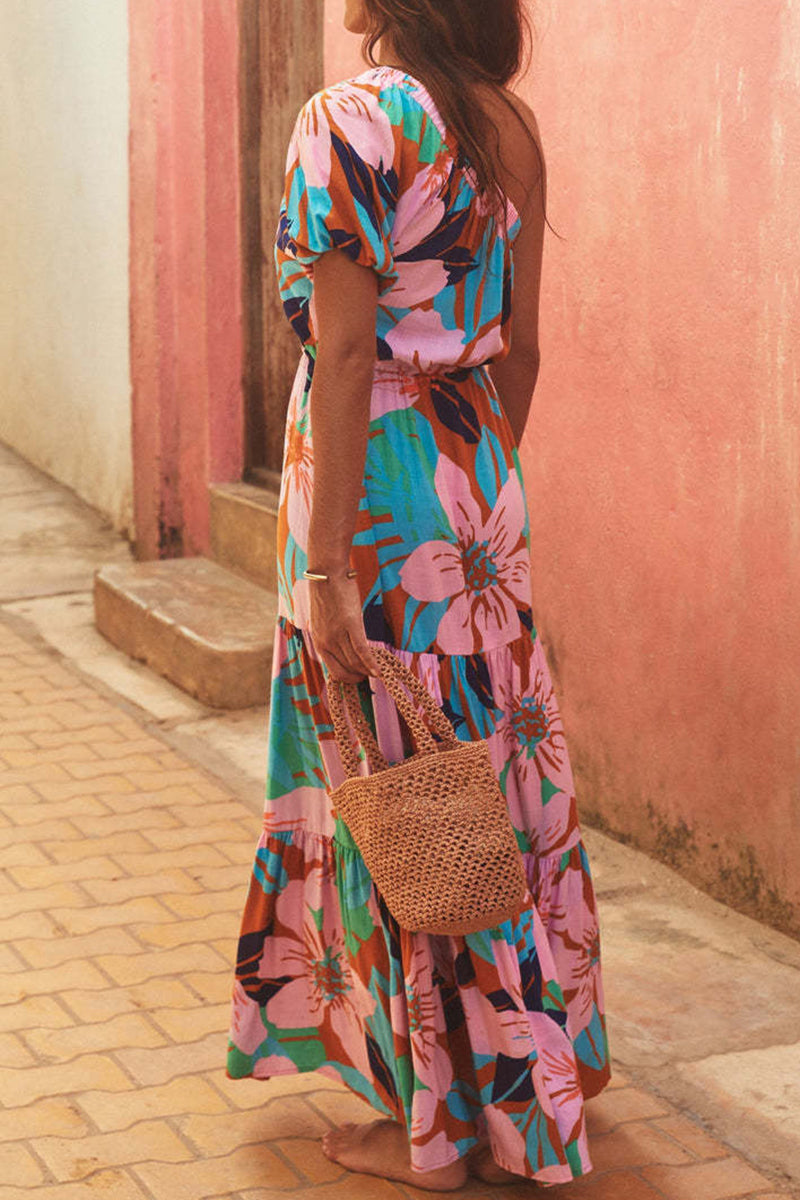 Floral One Shoulder Tiered Ruffle Maxi Summer Dress