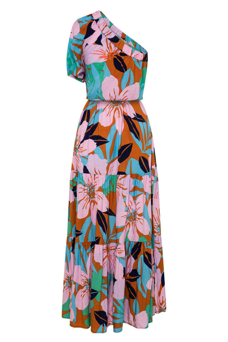 Floral One Shoulder Tiered Ruffle Maxi Summer Dress
