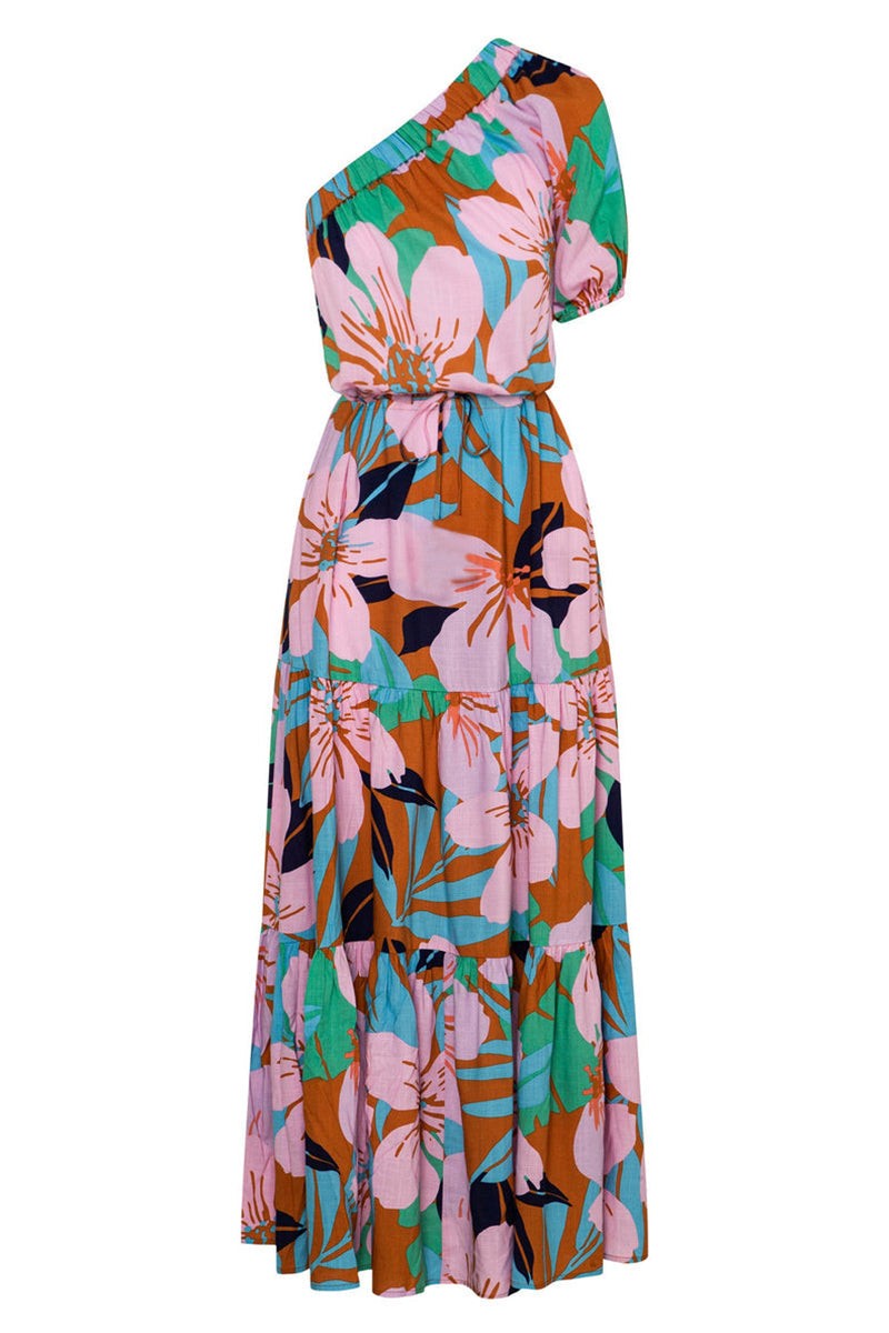 Floral One Shoulder Tiered Ruffle Maxi Summer Dress