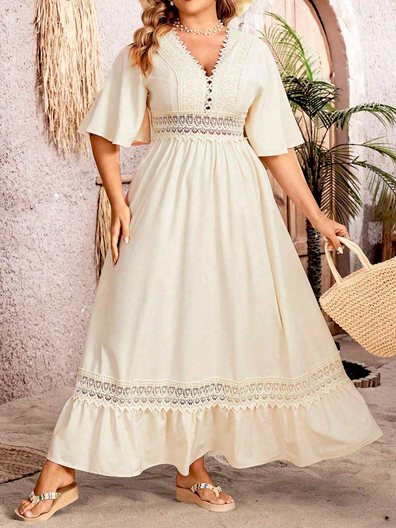 Deep V-Neck Crochet Lace Panel Flutter Sleeve Ruffle Hem Summer Maxi Gown