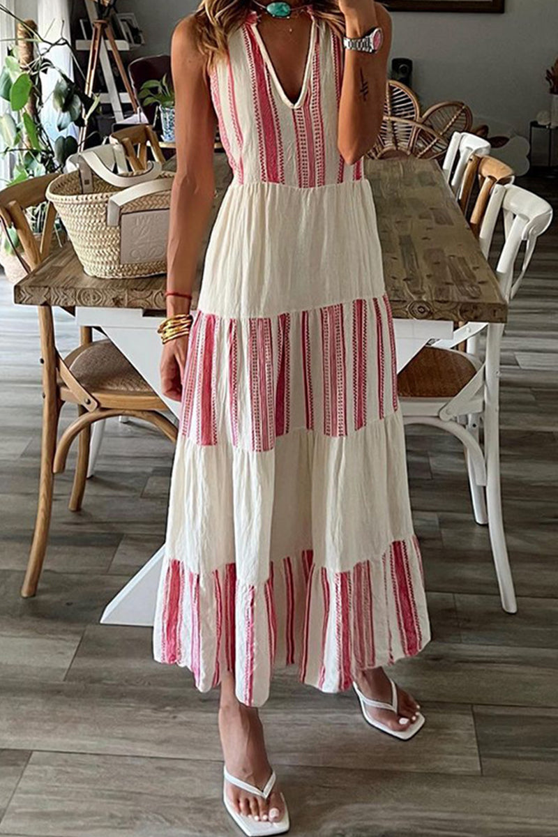Vertical Stripe V-Neck Sleeveless Tiered Ruffle Midi Dress