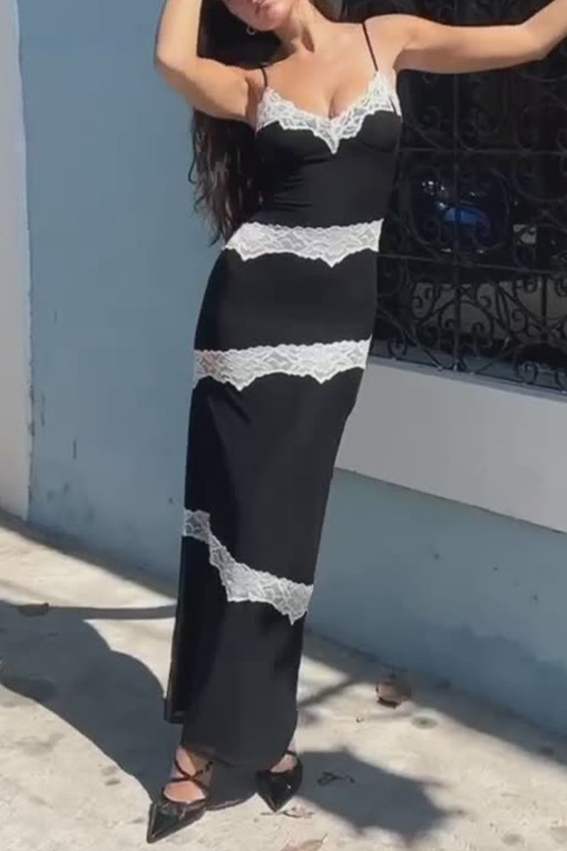 Lace Trim V-Neck Spaghetti Strap Ribbed Knit Bodycon Maxi Dress