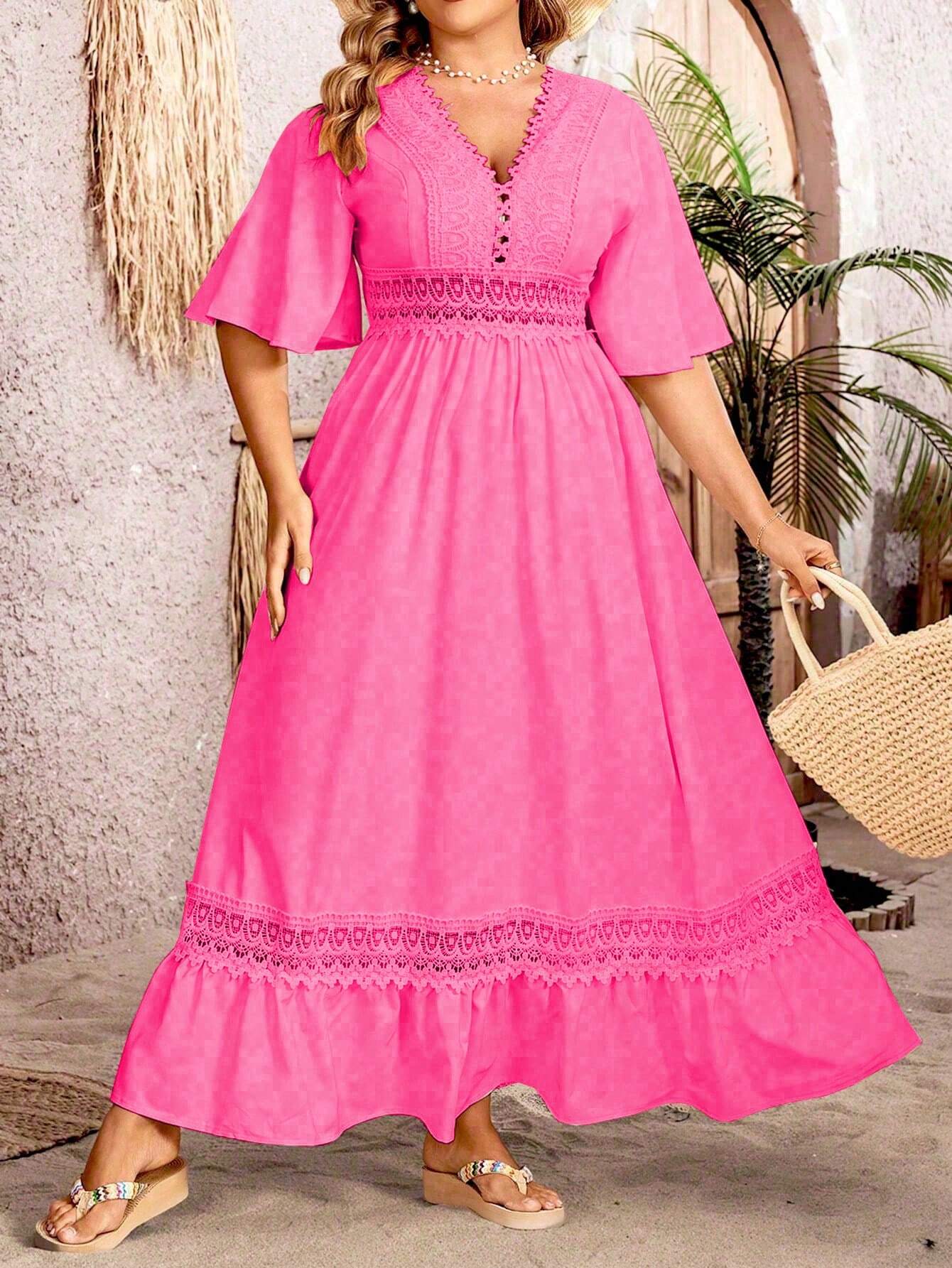 Deep V-Neck Crochet Lace Panel Flutter Sleeve Ruffle Hem Summer Maxi Gown