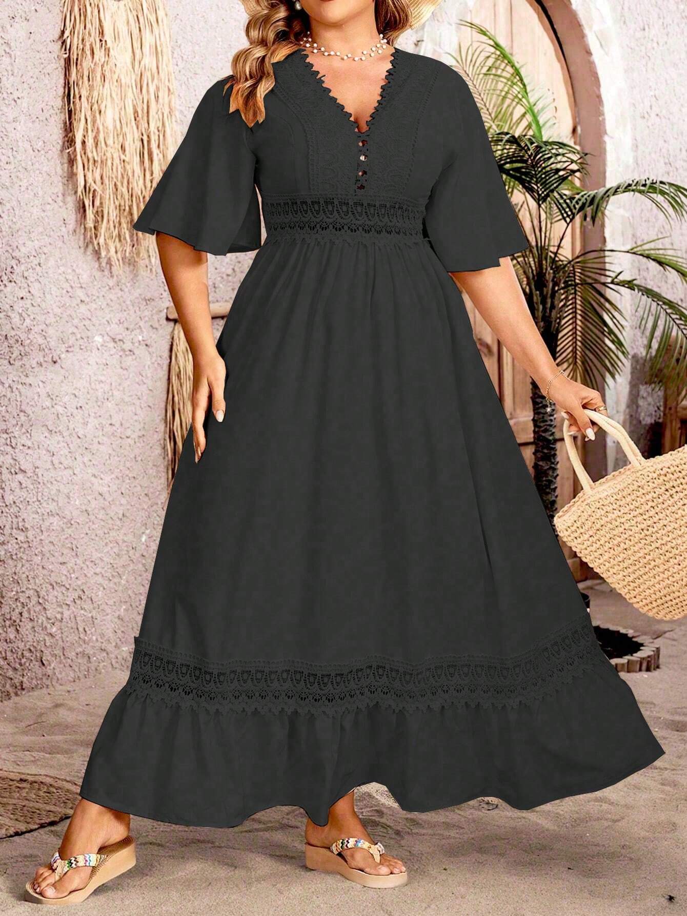 Deep V-Neck Crochet Lace Panel Flutter Sleeve Ruffle Hem Summer Maxi Gown