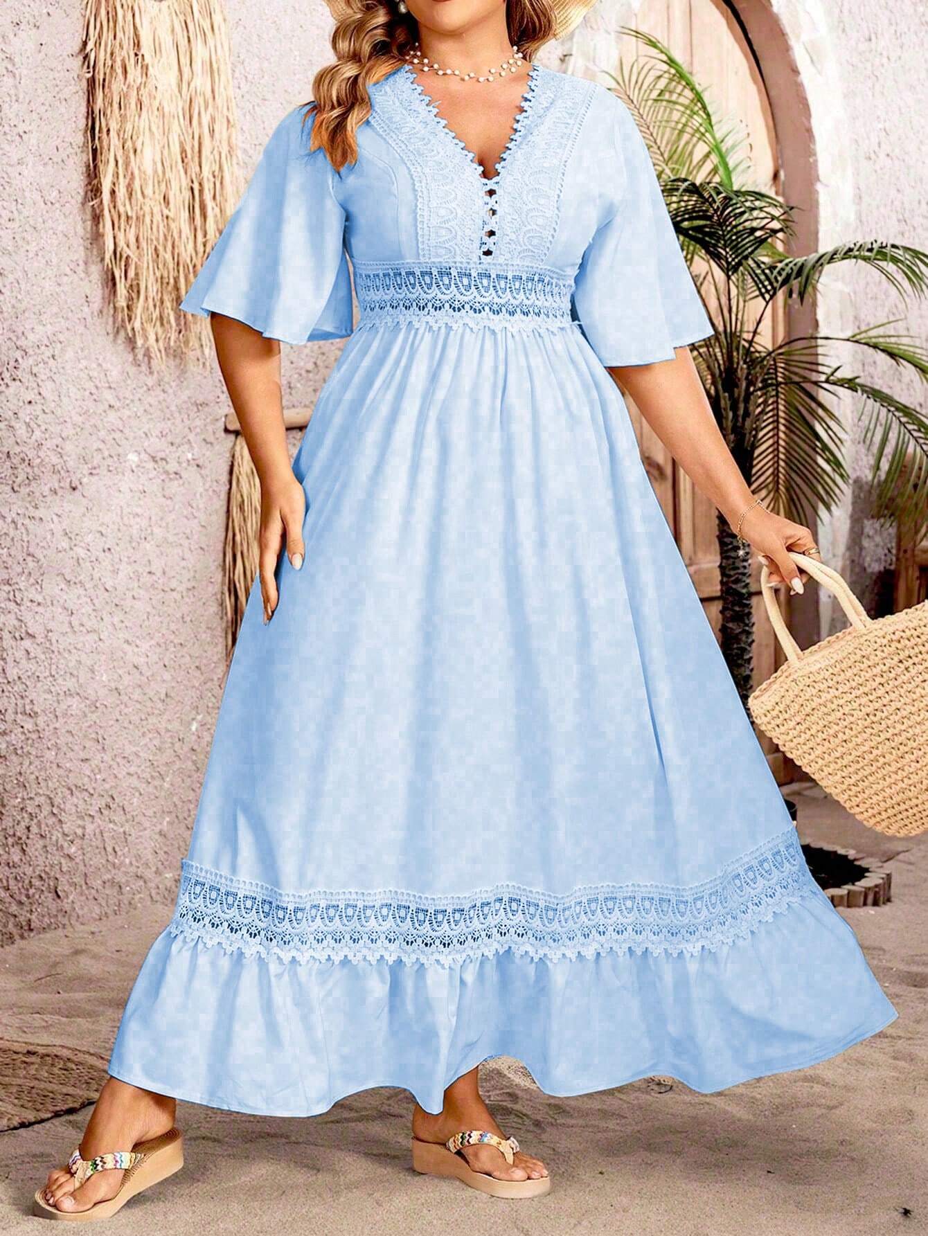 Deep V-Neck Crochet Lace Panel Flutter Sleeve Maxi Gown