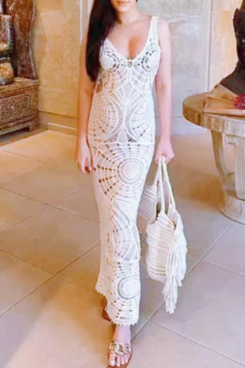 Crochet Deep V-Neck Cut Out Boho Beach Maxi Dress