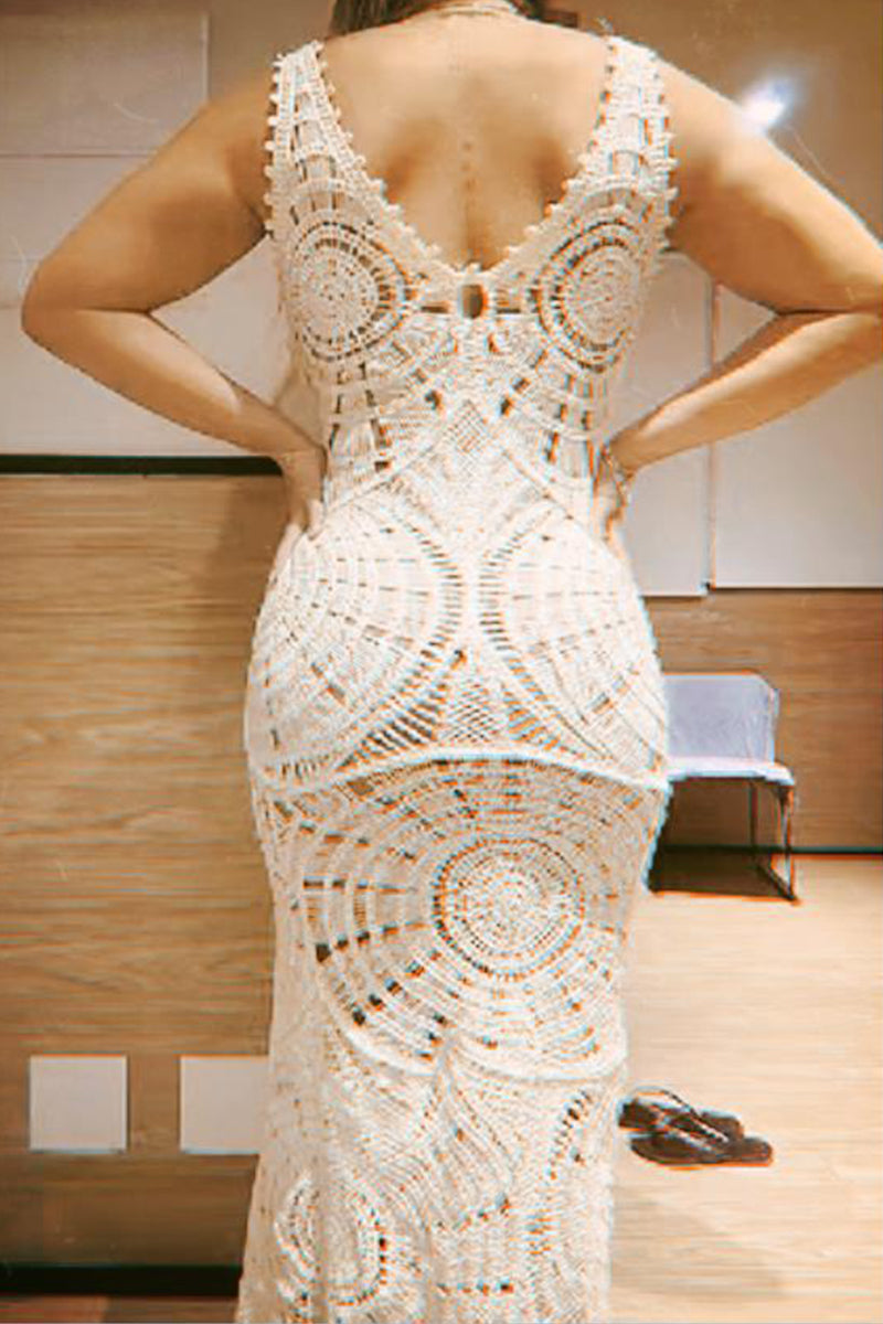 Crochet Deep V-Neck Cut Out Boho Beach Maxi Dress