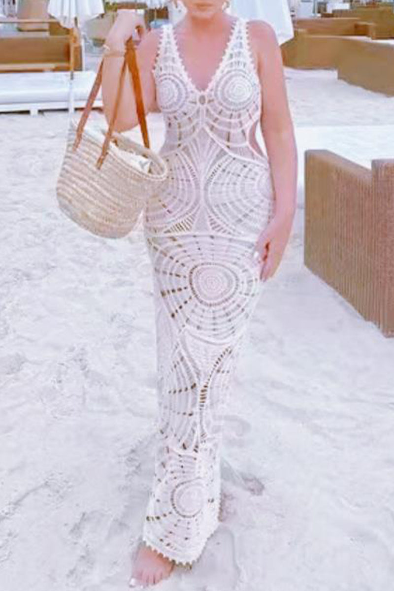 Crochet Deep V-Neck Cut Out Boho Beach Maxi Dress