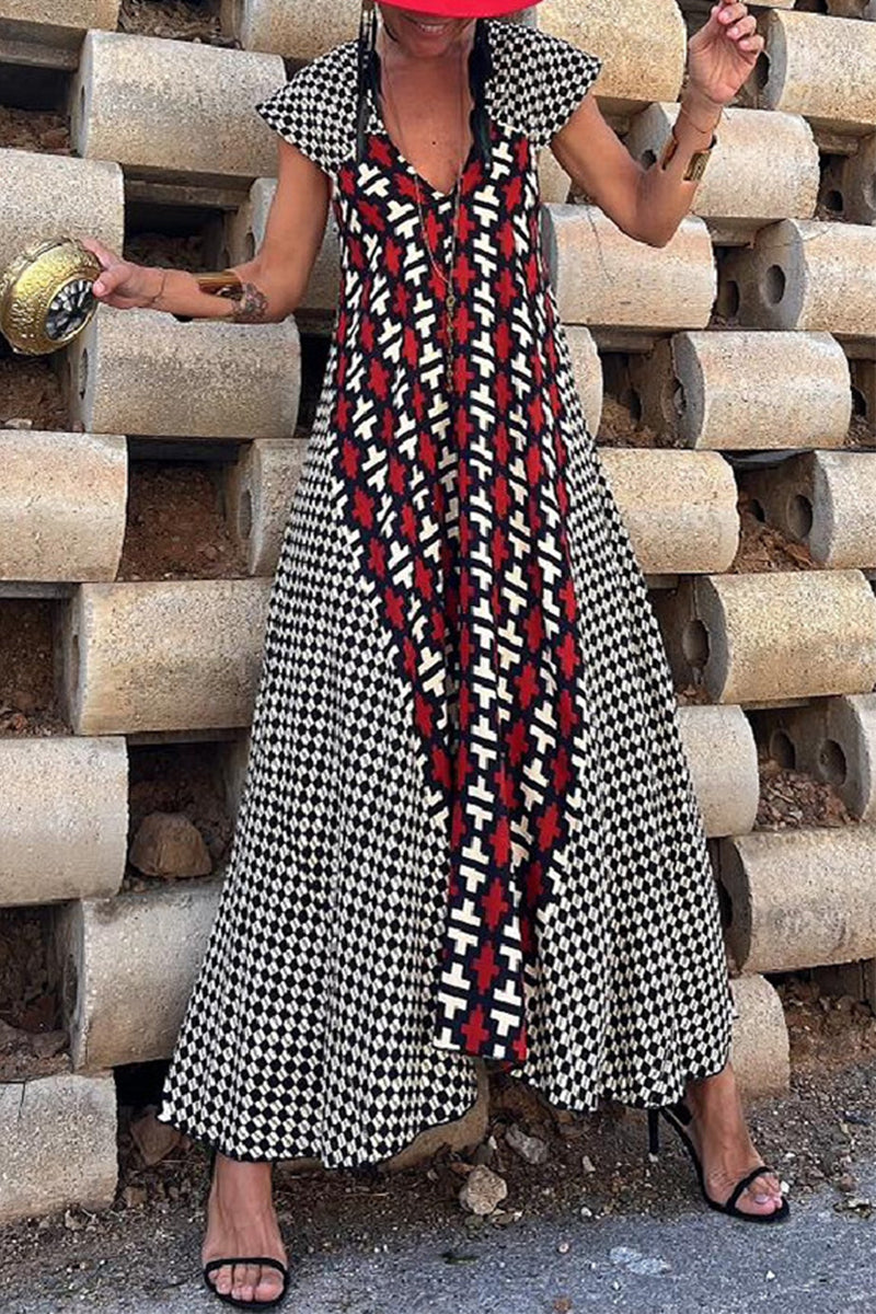 Natividad Timeless Casual Vintage Geometric Print Wavy Backless Asymmetrical V Neck Printed Dresses Boutique Dress Collection
