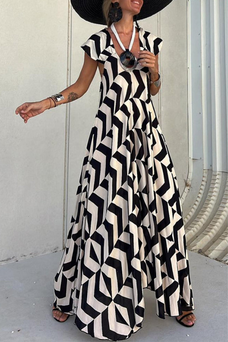 Natividad Timeless Casual Vintage Geometric Print Wavy Backless Asymmetrical V Neck Printed Dresses Boutique Dress Collection