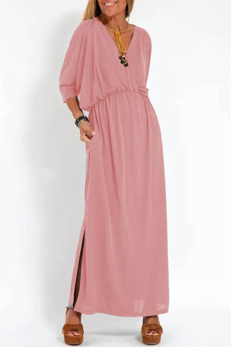 V-Neck 3/4 Sleeve Elastic Waist Pocket High Split Maxi Dress