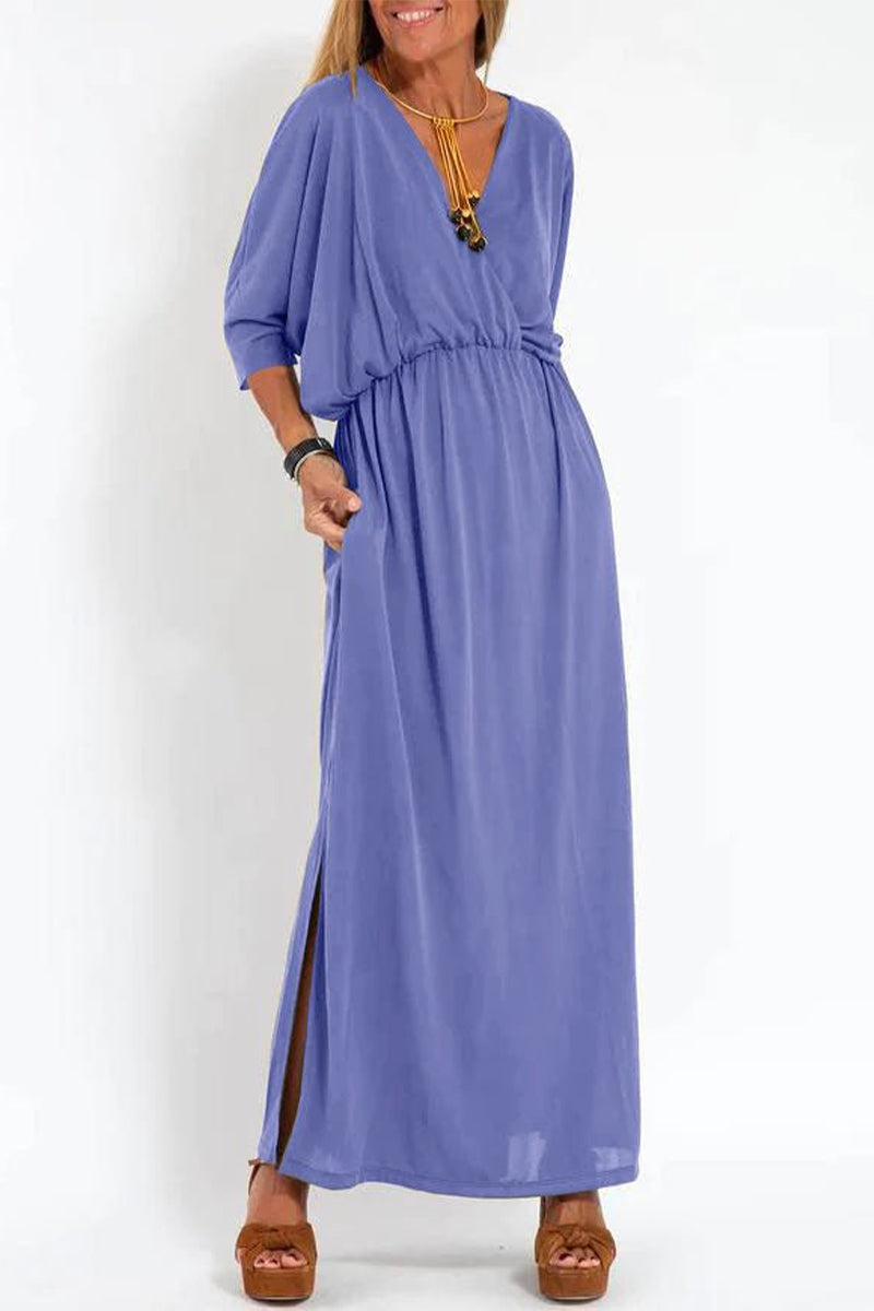 V-Neck 3/4 Sleeve Elastic Waist Pocket High Split Maxi Dress