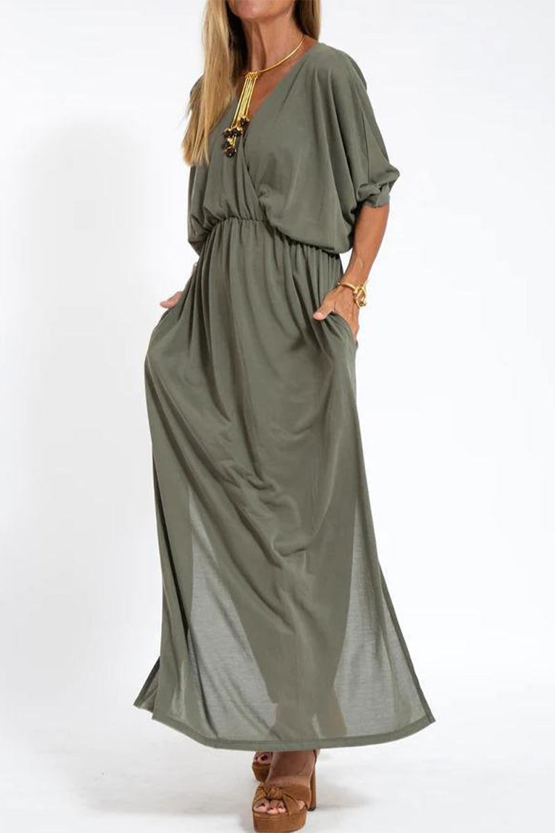 V-Neck 3/4 Sleeve Elastic Waist Pocket High Split Maxi Dress